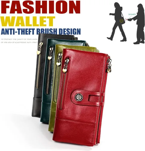 Vista 5 de Teanea Cartera plegable delgada de cuero genuino con bloqueo RFID con bolsillo para teléfono para mujer, Negro -, Cartera RFID plegable