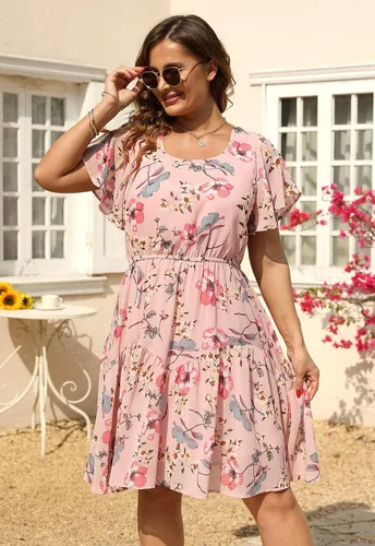 Vista 3 de Nemidor NEM297 - Vestido casual de verano con estampado, de gasa para mujer, talla extragrande, con manga con volantes, por debajo de la rodilla