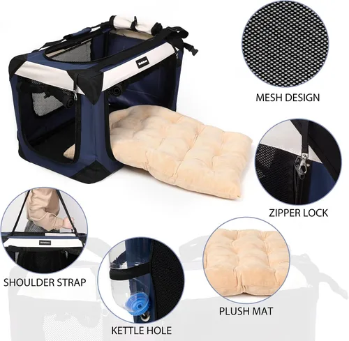Vista 3 de Transportador grande para gatos, jaula de viaje plegable para perros, portátil, de lados suaves, con alfombrilla de felpa súper suave y cálida