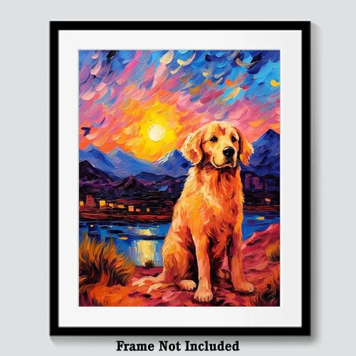 Vista 6 de Bestbuddy Pet 8 x 10 sin marco noche estrellada inspirada Golden Retriever perro senderismo leal amigo familia animal mascota familia pintura al
