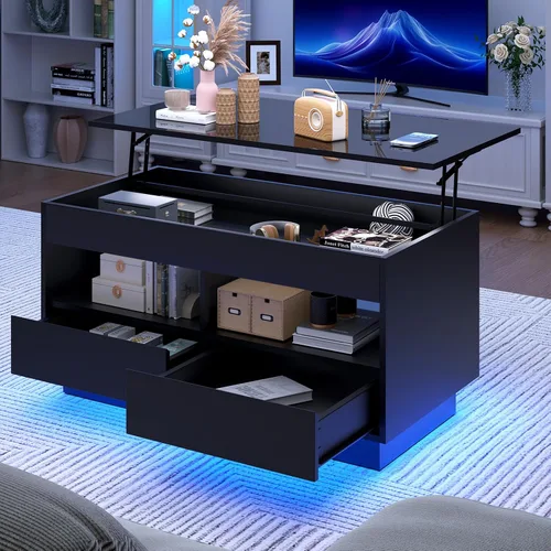 Vista 10 de HOMMPA - Mesa de café con tapa elevable de 40" con almacenamiento, mesa de centro LED moderna de alto brillo para sala de estar, mesa de té moderna