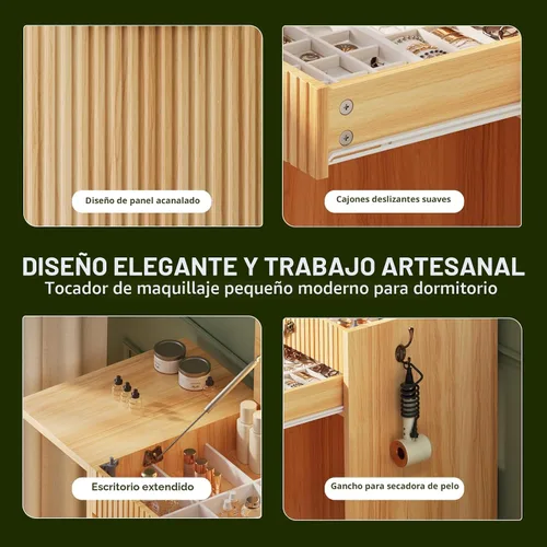 Vista 7 de FURSUN Tocador 3 en 1 con espejo abatible y luces, mesa de tocador compacta acanalada con 3 cajones, compartimento de almacenamiento y taburete