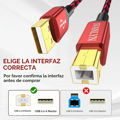 Vista 2 de Cable de impresora de 6 pies, USB A a B 2.0, cable de impresora USB trenzado de nailon de alta velocidad, cable MIDI USB compatible con HP, Epson