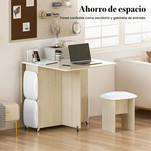 Vista 5 de furlinkhm Juego de mesa de comedor plegable para 4, mesa de comedor con 4 sillas y estantes de cuero, mesa de comedor plegable que ahorra espacio
