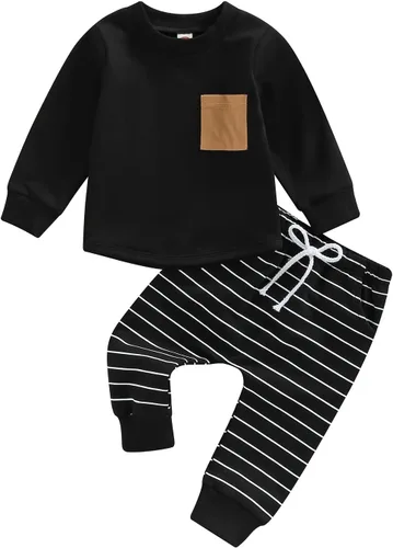 Vista 22 de Ropa de bebé niño 3 6 9 12 18 24M 3T Conjunto de pantalones con capucha patchwork sudadera con capucha pantalones de rayas traje de otoño invierno