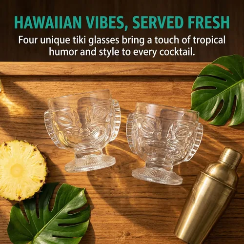 Vista 4 de TOPZEA Paquete de 4 vasos Tiki de 14 onzas, juego de tazas Tiki transparentes modernas, vasos de cóctel de bar, tazas hawaianas para fiesta Luau