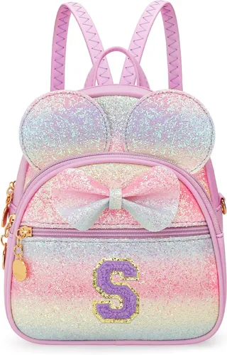 Vista 11 de KKXIU Mochilas Mini con Moño Inicial para Niñas y Mujeres, Linda Mochila Pequeña con Asa de Bolso, Regalos Personalizados para Niños, Arcoíris