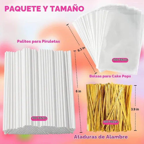 Vista 2 de 1200 piezas de palitos para pastel pop y envolturas, palitos para pastel pop de 15 cm con lazos para caramelos, chocolates, galletas y dulces