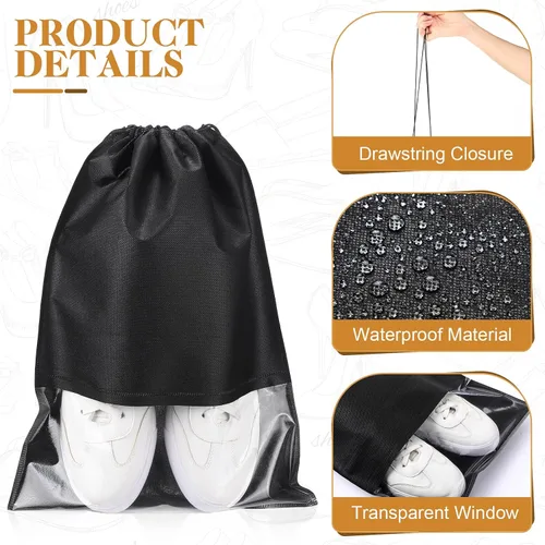 Vista 3 de Sadnyy 50 bolsas negras para zapatos para viajes, grandes no tejidas con cordón para organizar zapatos, bolsas portátiles de almacenamiento