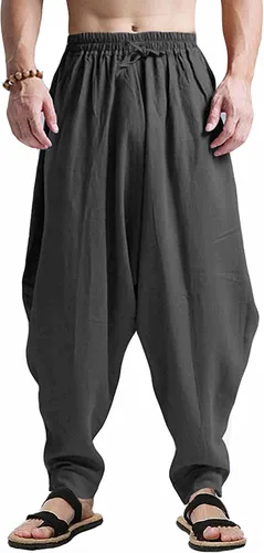 Vista 13 de perdontoo Pantalones harén para hombre, ajuste holgado, cintura elástica, cordón ajustable, pantalones hippie Aladdin beige