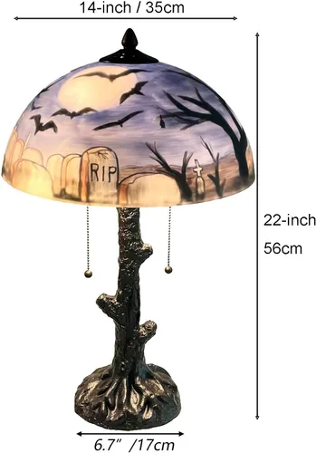 Vista 8 de Bieye L10973 Murciélagos volando sobre el cementerio en la noche de luna llena Lámpara de mesa de vidrio pintada a mano para decoración de Helloween