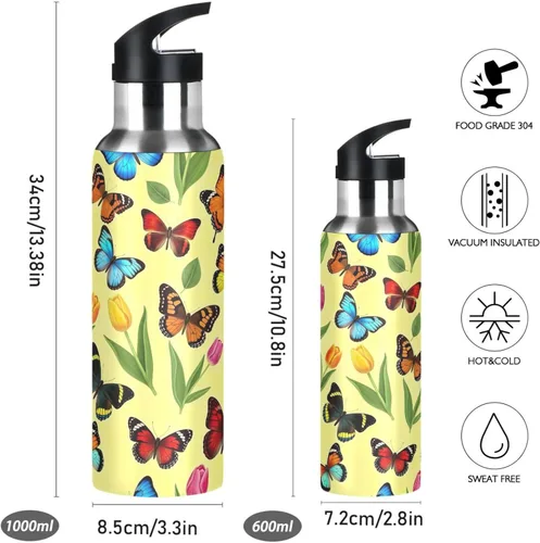 Vista 2 de Stainless Steel Vacuum Insulated Water Bottle 32 Oz, Leakproof Water Bottles for Gym Outdoor Travel School, Colorful Butterflies Tulips Yellow