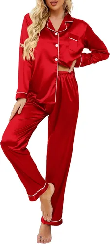 Vista 33 de Ekouaer - Conjunto de pijama de satén de seda clásico con botones para mujer, de manga larga Verde militar