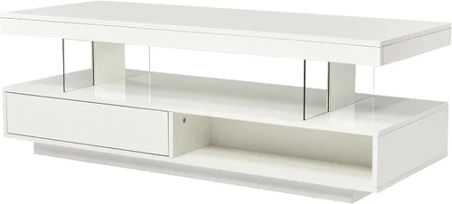 Vista 9 de LUMISOL Mesa de centro rectangular LED con cajón y estante, color blanco