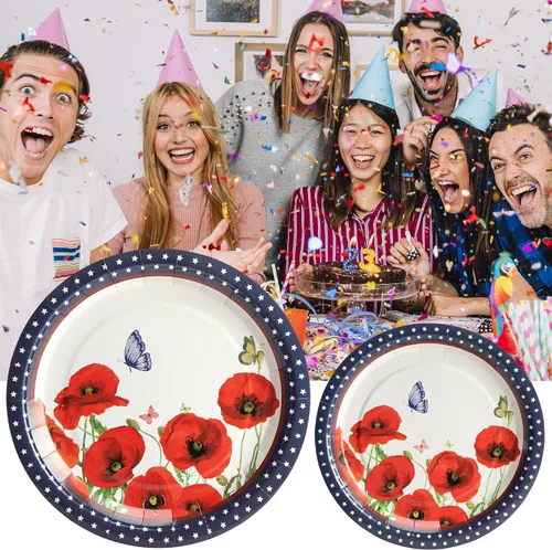 Vista 5 de Wehhbtye 100 platos y servilletas de flores de amapola del 4 de julio, platos de papel conmemorativos con tenedores, suministros desechables