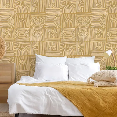 Vista 3 de VEELIKE Papel tapiz geométrico bohemio con arcos amarillos para despegar y pegar, extraíble, para dormitorio, baño, 17.7 x 118 pulgadas, papel tapiz