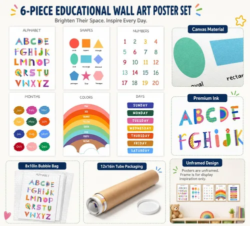 Vista 7 de DULASI - Paquete de 6 carteles educativos para niños, juego de arte de pared de lienzo sin marco, formas del alfabeto, números, colores, meses