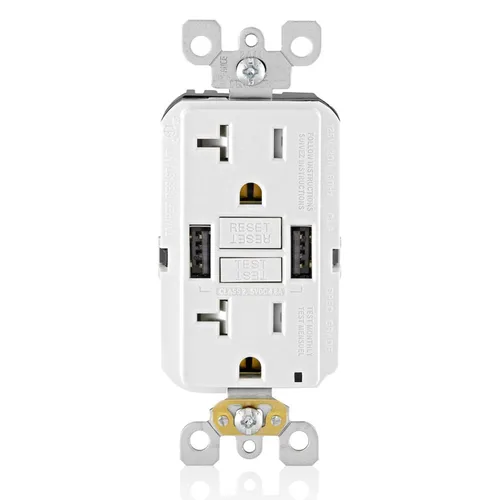 Vista 20 de Leviton SmartlockPro - Combinación GFCI de autocomprobación 15A con USB tipo A y tipo C en pared, cargador USB para teléfonos inteligentes y Blanco