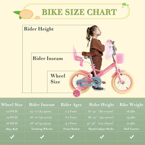 Vista 6 de RULLY Bicicleta para niños de 12, 14, 16 pulgadas, para niñas de 2 a 7 años con ruedas de entrenamiento y freno de mano delantero, bicicleta