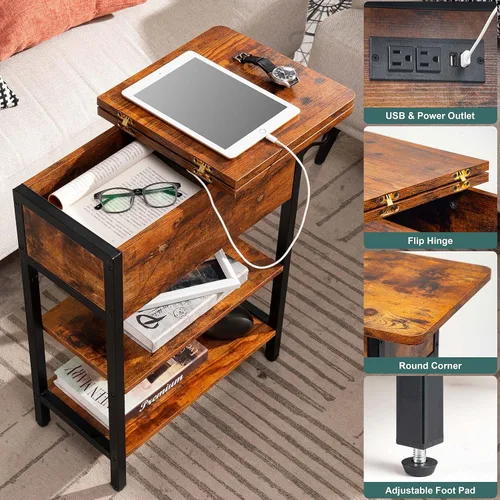 Vista 4 de Yoobure - Mesa auxiliar con estación de carga; mesa auxiliar con tapa abatible, puertos USB y tomas de corriente; mesa de sofá, cama, sala de estar