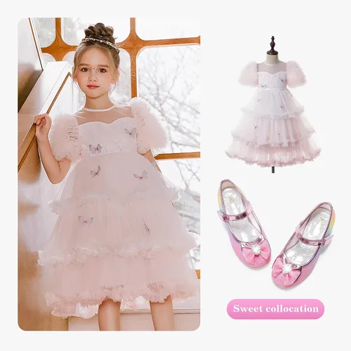 Vista 3 de Furdeour Zapatos de vestir para niñas, zapatos de princesa Mary Jane para bodas, flores, damas de honor, tacones con purpurina para niños pequeños
