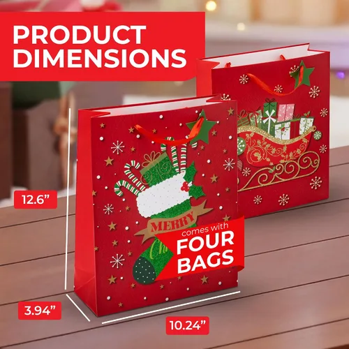 Vista 2 de Bolsas de regalo de Navidad – medianas 13 x 10 x 4 pulgadas (paquete de 4) – Bolsas de regalo de papel resistentes con papel de seda, etiqueta y asa