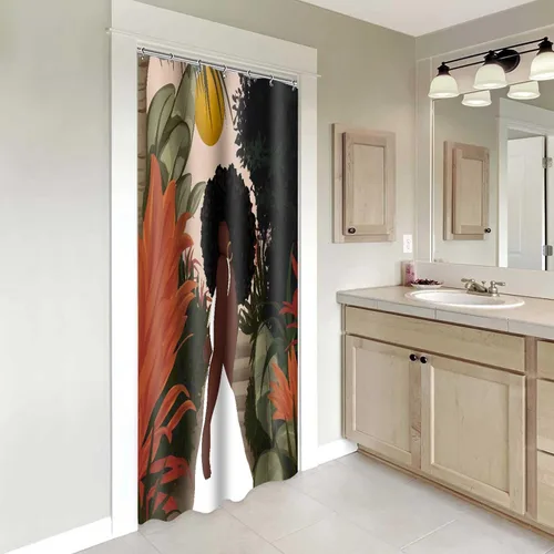 Vista 5 de Cortina de ducha de mujer afroamericana, sexy, de 36 x 72 pulgadas, poliéster, abstracto, bohemio, tropical, hojas de plantas tropicales, juego