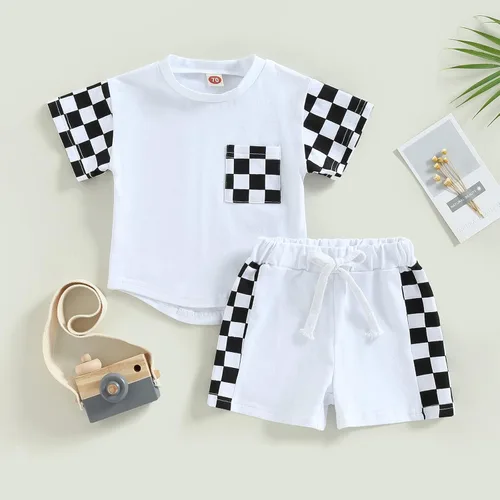 Vista 2 de AEEMCEM Conjunto de 2 piezas de camiseta de manga corta para bebé niño y niña, ropa de verano a cuadros