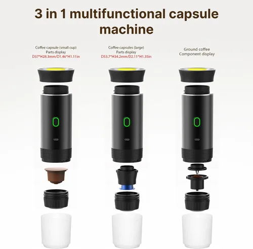 Vista 4 de Decdeal Cafetera inalámbrica para el coche, hogar, viajes, cafetera eléctrica 3 en 1, funciona con cápsulas y café molido de 15 bares, mini cafetera