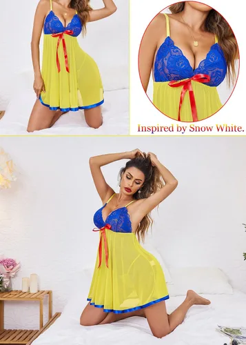 Vista 4 de Avidlove - Conjunto de lencería tipo camisón de encaje y malla para mujer
