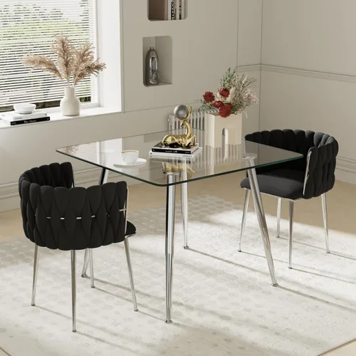 Vista 25 de Juego de mesa de comedor de cristal plateado para 2, juego de mesa cuadrada de lujo moderno de 36 pulgadas, juego de mesa de cocina minimalista de 3