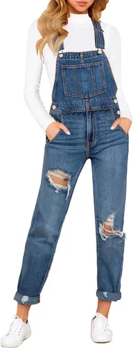 Vista 28 de luvamia - Overol de mezclilla ajustable y elástico para mujer, con pechera, jeans, pantalones, jumpsuits A1 Cody Blue