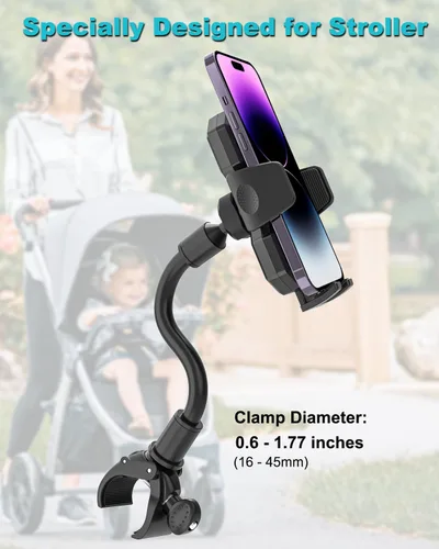 Vista 5 de Soporte de teléfono para cochecito, soporte de teléfono celular para cochecito de bebé, carrito de compras, cuello de cisne flexible y abrazadera
