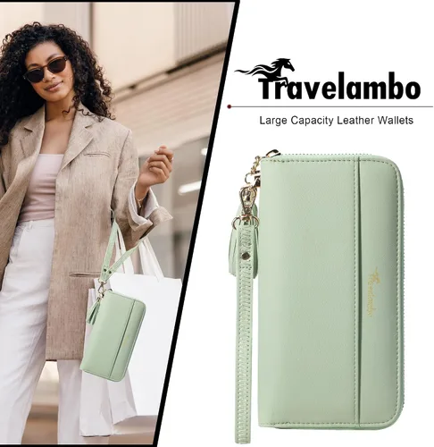 Vista 8 de Travelambo Cartera con borla plegable para mujer, bolso de mano con correa para la muñeca, bolso largo