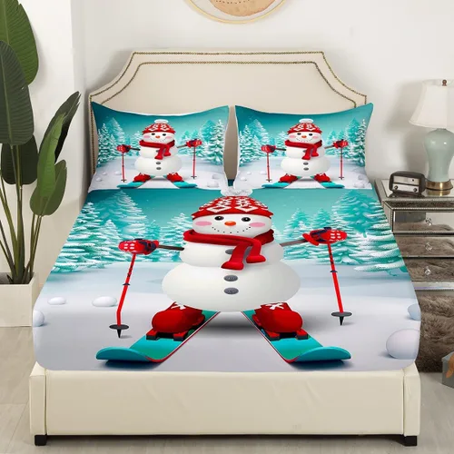 Vista 3 de Erosebridal Juego de ropa de cama de muñeco de nieve, tamaño individual, sábana bajera ajustable de esquí kawaii para árbol de Navidad, para niños