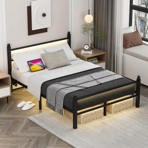 Vista 7 de Jenmit - Estructura de cama de tamaño completo con estación de carga y luces LED, estructura de cama de plataforma metálica con cabecera y pie