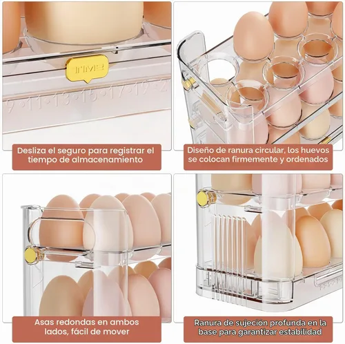Vista 4 de Soporte reversible para huevos para refrigerador y encimera, bandeja de almacenamiento transparente para 30 huevos