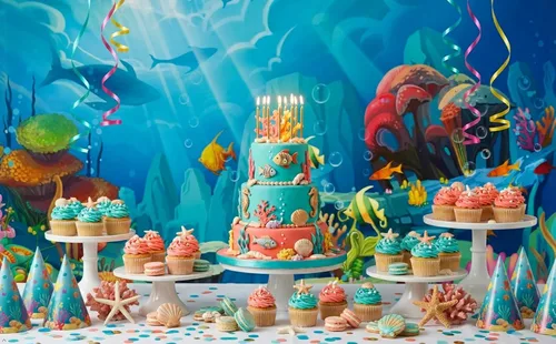 Vista 2 de CHAIYA Telón de fondo bajo el mar con temática de sirenita y océano para decoración de mesa de pastel de 5 x 3 pies