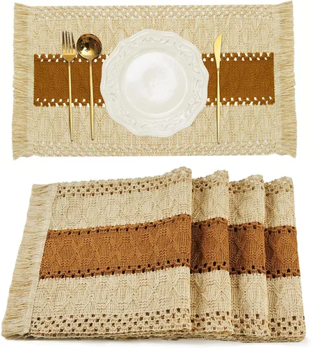 Vista 14 de FEXIA Juego de 6 manteles individuales bohemios, decoración de mesa de macramé y manteles individuales estilo casa de campo de arpillera de algodón