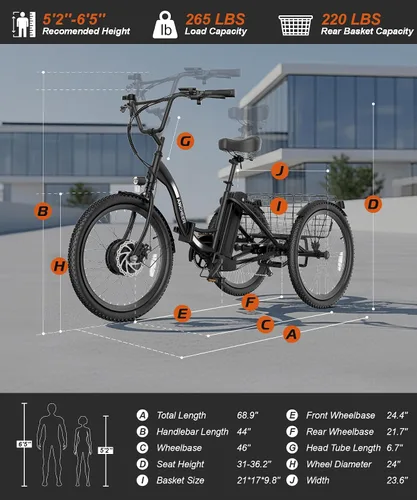 Vista 5 de ANCHEER Triciclo eléctrico para adultos, triciclo eléctrico plegable de pico de 600 W, bicicleta eléctrica de 24 pulgadas y 499 Wh para personas