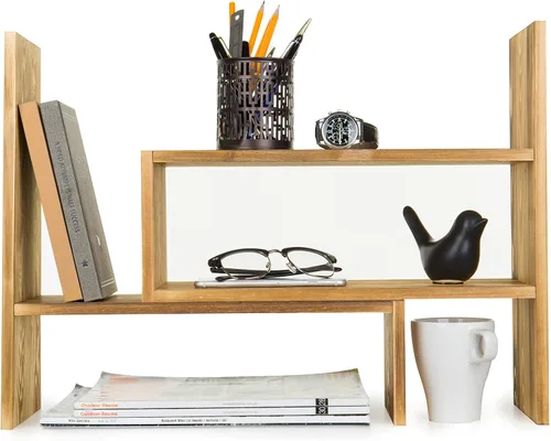 Vista 7 de Estante mostrador, organizador de almacenamiento de escritorio, ajustable y de madera. Estante para libros a ubicar en la parte superior