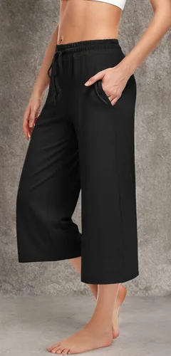 Vista 6 de UEU Pantalones capri de yoga para mujer, de verano, pierna ancha, holgados, casuales, recortados, con cordón, pantalones capri con bolsillos