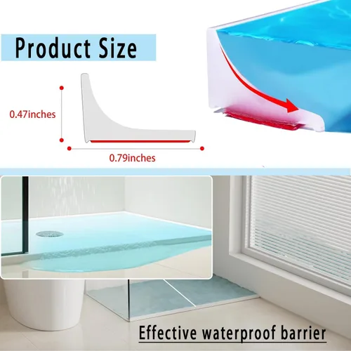 Vista 2 de Protector de agua para umbral de ducha de 3.5 pies, barrera impermeable de silicona autoadhesiva para separación seca y húmeda, tira de sellado
