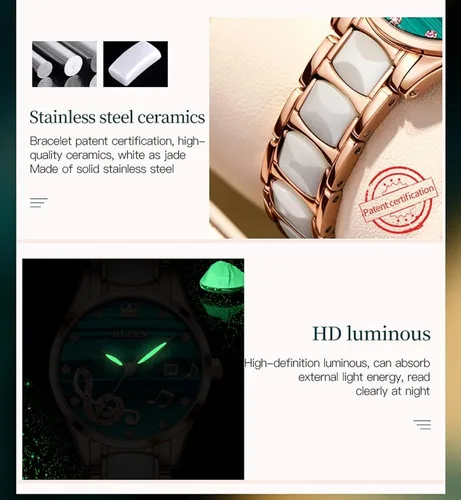 Vista 5 de OLEVS Relojes de pulsera para mujer color oro rosa elegante de cerámica para mujer de acero inoxidable impermeable luminoso
