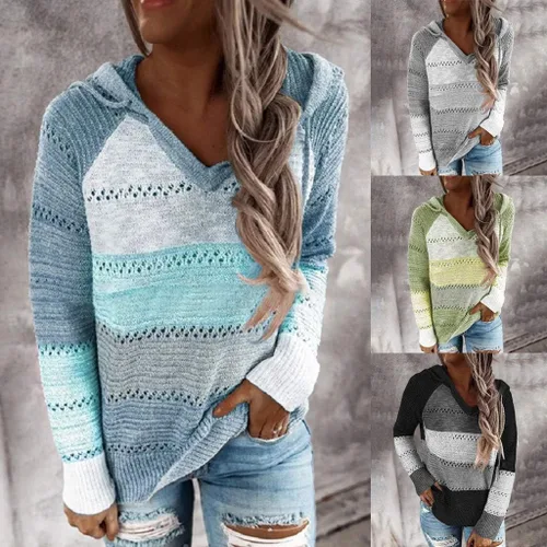 Vista 6 de YAnGSale Suéter casual de retazos para mujer, con capucha, de moda, de manga larga, con capucha, de punto, Blanco