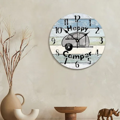 Vista 4 de ArogGeld Happy Camper - Reloj de pared de madera para campamento de verano, 10 pulgadas, silencioso, sin tictac, funciona con pilas, para sala