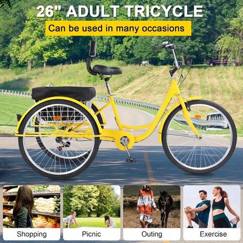 Vista 2 de Triciclos para adultos, 7 velocidades, triciclos para adultos de 26 pulgadas, 3 ruedas, bicicleta de crucero con cesta para personas mayores