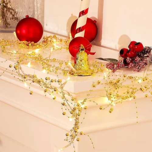 Vista 11 de Mudder Guirnalda de 30 luces LED de Navidad de 10 pies con cuentas de bayas de metal, guirnalda de luces de Navidad para interiores para chimenea