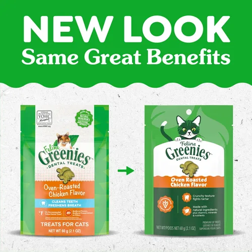 Vista 2 de Greenies Golosinas dentales naturales para gatos adultos recomendadas por veterinarios felinos, sabor pollo asado al horno, bolsa de 2.1 onzas