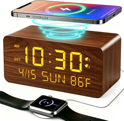 Vista 10 de Reloj despertador digital de madera de bambú premium con cargador de teléfono inalámbrico, puertos de carga USB duales, pantalla LED regulable